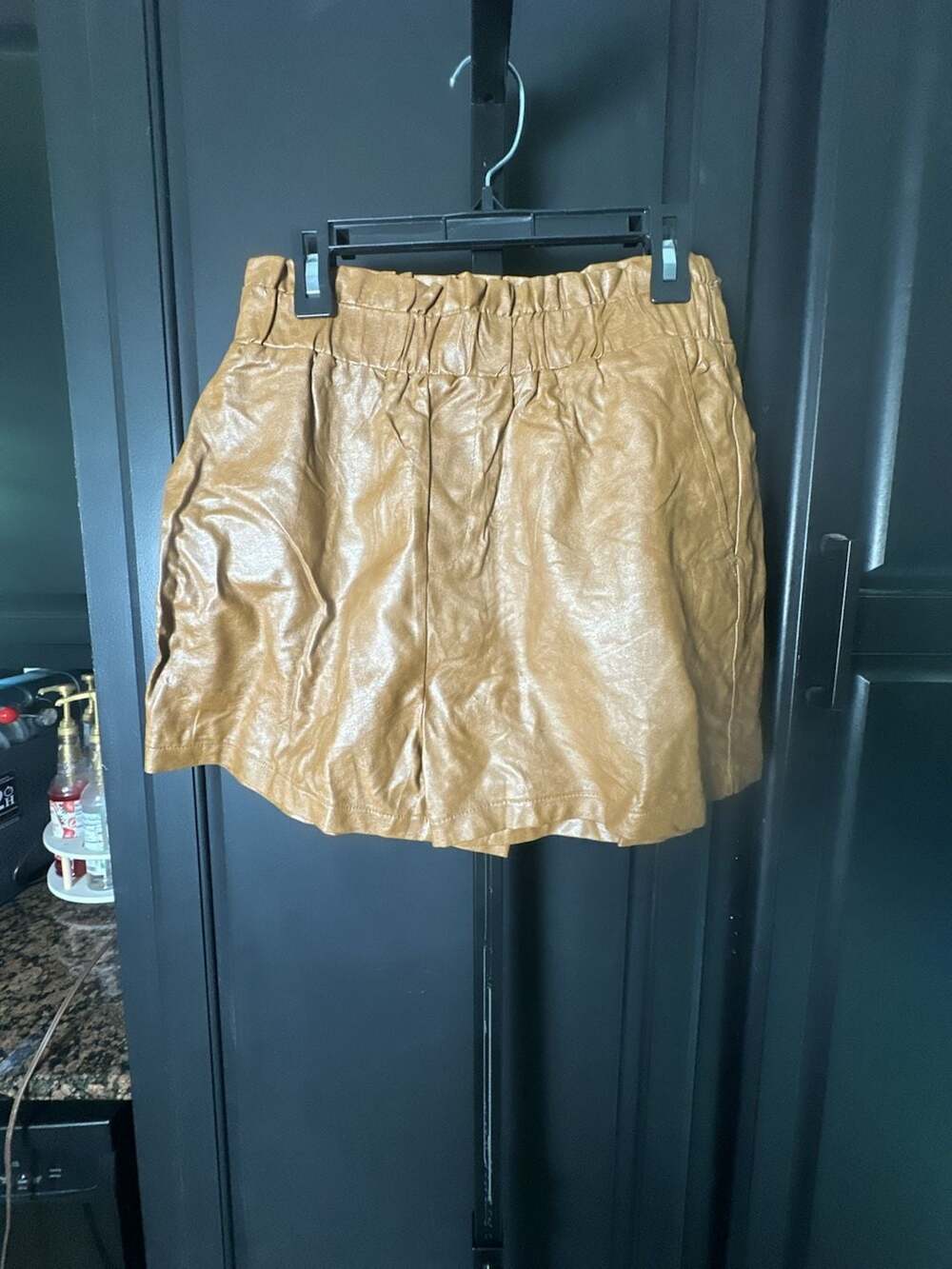 Pants Store Faux Leather Elastic Waist Shorts#670